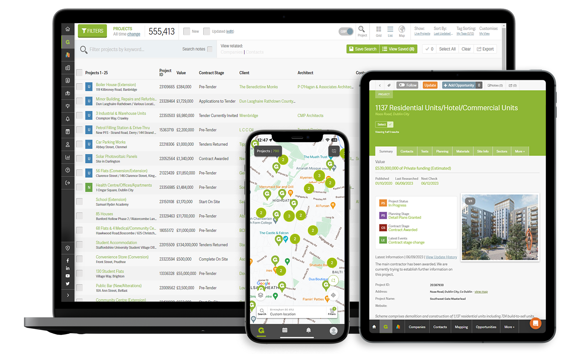 Devices displaying Glenigan’s platform, showing project listings, interactive maps, and detailed project information across desktop, tablet, and mobile.